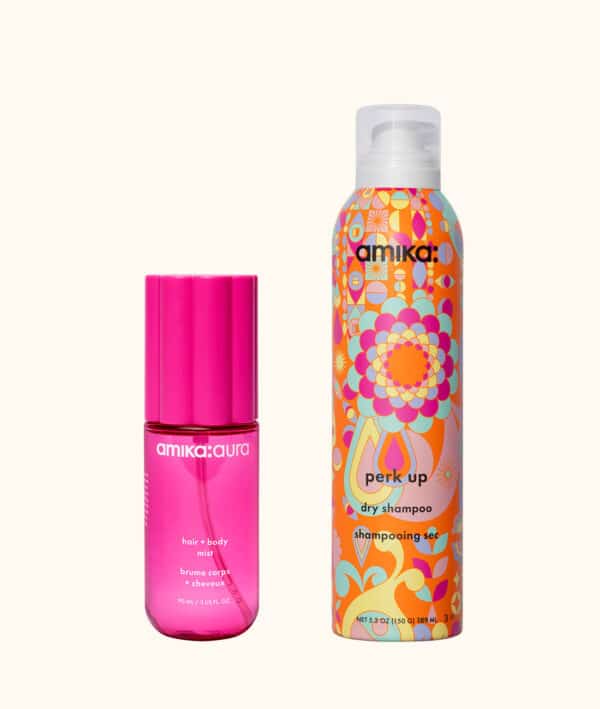 מארז mist & go של amika - בושם לשיער ולגוף aura ושמפו יבש perk up